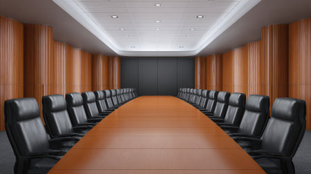 Spacious empty conference room features a long wooden table surrounded by black leather chairs, perfect for business meetings and professional discussions in a modern setting.の素材