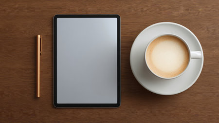 A stylish workspace featuring a sleek tablet, a warm cup of coffee, and a pen, creating an inviting environment for productivity and creativity in a modern setting.の素材