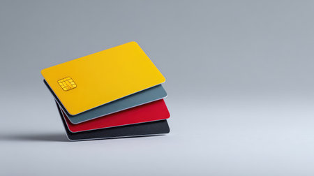 A visually appealing arrangement of colorful plastic cards stacked on a minimalistic gray background, perfect for design projects, branding, or promotional materials.の素材