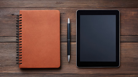 A modern workspace arrangement with a brown notebook, a digital tablet, and a pen on a rustic wooden surface, perfect for encouraging creativity and enhancing productivity.の素材