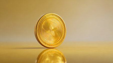 A stunning close-up of a gold coin showcasing its intricate design and shiny surface, ideal for themes related to wealth, luxury, finance, and investment across diverse media platforms.の素材
