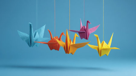 A stunning display of colorful paper cranes suspended in mid-air against a soothing blue background, capturing the essence of creativity and deep symbolism in origami art.の素材