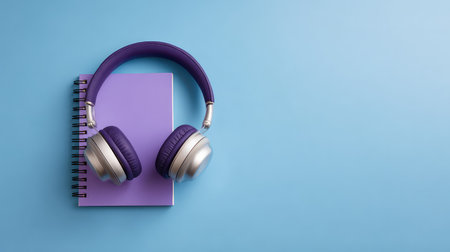A trendy pair of purple headphones rests on a lilac notepad against a serene blue backdrop, symbolizing the harmony of study and leisure for creative minds.の素材