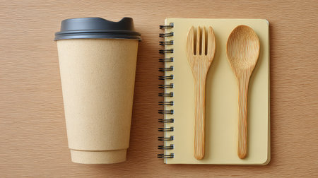 A stylish eco-friendly coffee cup sits beside wooden utensils and a notebook, creating a perfect scene for those who appreciate sustainable living and minimalistic design.の素材