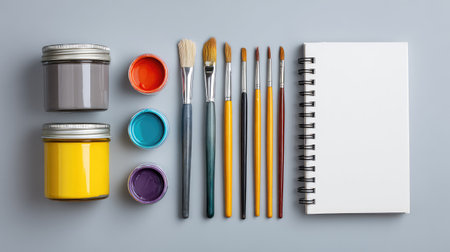 A vibrant arrangement of art supplies featuring jars of paint, brushes, and a blank sketchbook on a smooth gray surface, perfect for inspiring creative projects and artistic expression.の素材