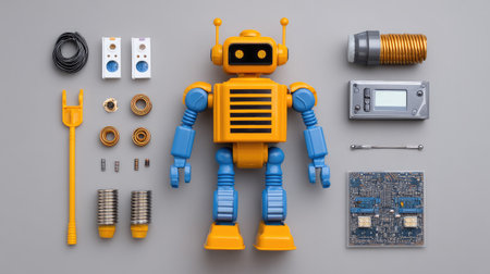A vibrant toy robot is surrounded by an assortment of mechanical parts, showcasing a blend of technology and creativity ideal for educational projects and playful inspiration.の素材