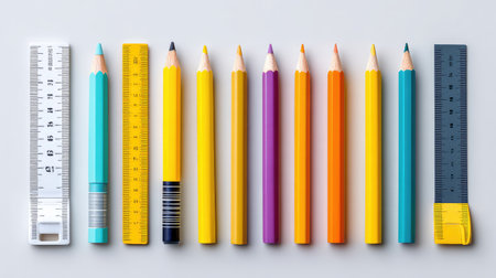 This composition features a vibrant array of pencils and rulers arranged neatly, perfect for educational and creative projects showcasing design and art themes.の素材