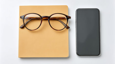A clean flat lay of a stylish notebook, smartphone, and glasses, showcasing modern workspace essentials for productivity and creativity in any professional or educational setting.の素材
