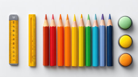 A vibrant arrangement of art supplies featuring colored pencils, crayons, and a palette, perfect for inspiring creativity in educational or personal projects.の素材