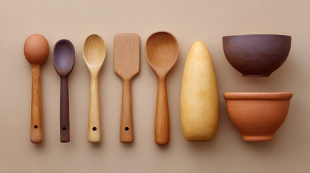 A visually appealing arrangement of wooden and clay kitchen utensils showcasing the beauty of craftsmanship and natural materials, perfect for culinary-themed projects.の素材