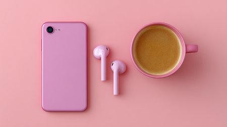 Captivating flat lay of a pink smartphone, wireless earbuds, and a matching coffee mug on a soft pink background, ideal for lifestyle branding and social media inspiration.の素材