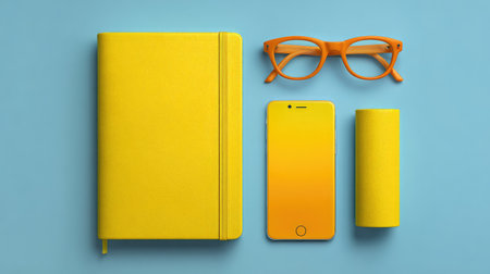A captivating flat lay image featuring a yellow notebook, smartphone, orange glasses, and a pen on a blue background, inspiring creativity and productivity in a modern workspace.の素材