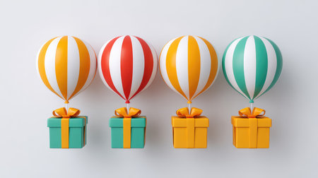 A visually striking image featuring colorful hot air balloons rising above beautifully wrapped gifts, perfect for conveying the spirit of celebration and joy in various occasions.の素材