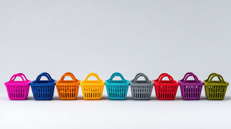 A row of colorful shopping baskets showcased against a simple background, ideal for representing retail concepts, shopping experiences, and marketing themes in visuals.の素材