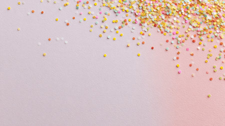 A vibrant array of colorful confetti sprinkles rests atop a soft pink surface, creating a joyful and festive ambiance perfect for celebrations and creative projects.の素材