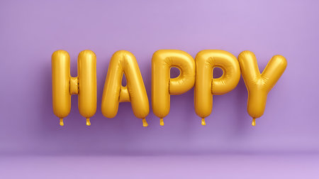 Bright golden balloons form the word 'HAPPY' against a soft purple backdrop, perfect for adding a festive touch to parties and joyful celebrations. Ideal for designs and invitations.の素材