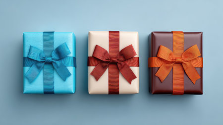 Three beautifully wrapped gift boxes showcased on a soft blue background, featuring vibrant colors and elegant ribbons that capture the spirit of celebration and joy.の素材