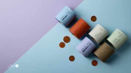 An artistic arrangement of colorful paper receipts and coins placed on a pastel background, perfect for creative projects related to finance, retail, or shopping.の素材