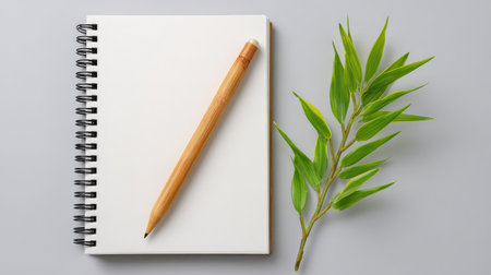 This serene imagery showcases a blank spiral notebook paired with a wooden pencil and a vibrant green leaf, creating a calm and inspiring workspace atmosphere.の素材