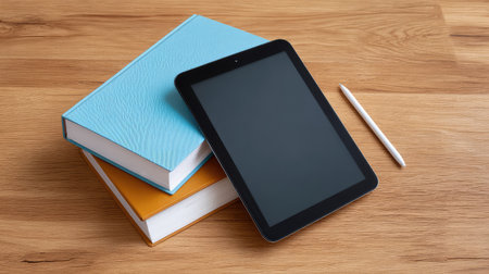 A sleek tablet placed on a stack of vibrant books alongside a stylus pen, symbolizing the intersection of digital tools and traditional education in a stylish workspace.の素材