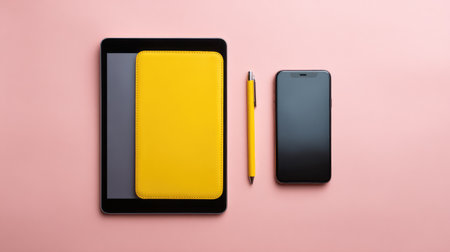 A modern workspace arrangement showcasing a bright yellow notebook, tablet, sleek smartphone, and pen on a soft pink background, perfect for creative projects.の素材