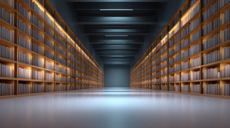 A modern library interior featuring neatly arranged rows of bookshelves illuminated by soft lighting, creating a serene space ideal for reading, studying, and exploration.の素材