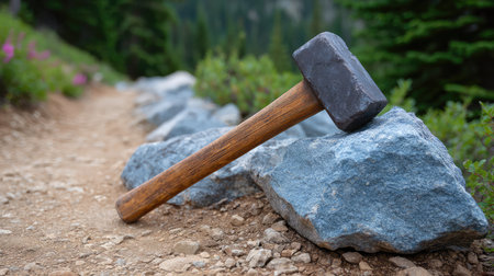 A metal tent peg mallet placed beside rocks on a trail, rugged setting with copy spaceの素材