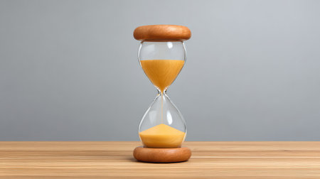 A minimalist hourglass on a light wooden desk with surrounding blank spaceの素材