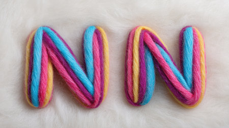 Letter N made of colorful yarns on soft white felt, cozy composition with design roomの素材