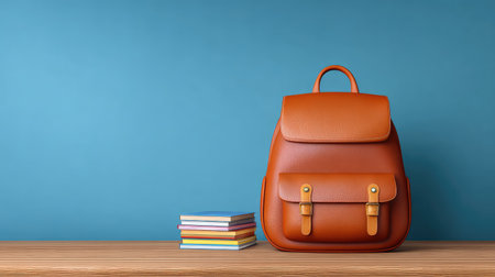 A chic leather backpack sits elegantly on a wooden table accompanied by a stack of vibrant books, ideal for showcasing study, travel, or workspace themes with a colorful backdrop.の素材