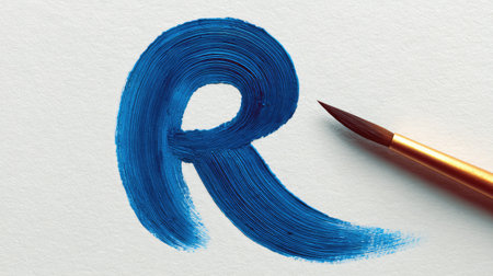 Blue acrylic-painted letter R with brush strokes on canvas, top view creative spaceの素材