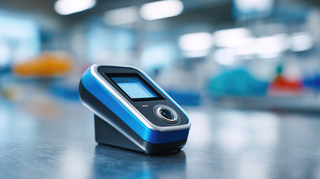 A refractometer tool placed on a reflective lab bench, isolated with clean layoutの素材