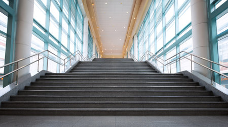 A grand staircase inside a modern building, illuminated by ample natural light. The sleek design showcases clean lines and spacious surroundings, inviting movement and exploration.の素材