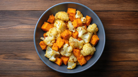 A vibrant bowl of roasted cauliflower and sweet potato cubes set on a rustic wooden table, showcasing a healthy and appetizing meal option for nourishing diets.の素材
