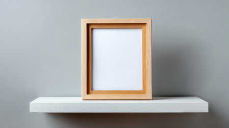 A single wooden picture frame standing on a white shelf with ample copy space aroundの素材