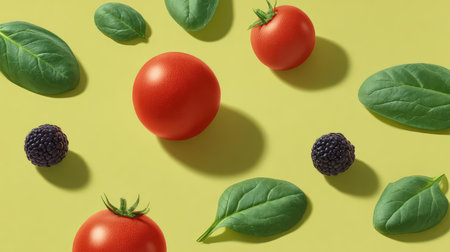 This vibrant composition features fresh tomatoes, spinach leaves, and blackberries set against a bright yellow background, ideal for promoting healthy eating and cooking styles.の素材