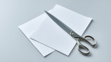 A paper cutter with sharp blade positioned beside white sheets, clear workspace and spaceの素材
