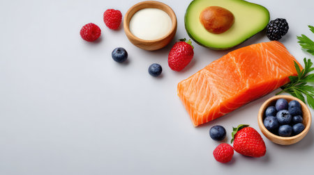 A visually appealing arrangement of fresh salmon, avocado, assorted berries, and yogurt showcases healthy eating options, perfect for culinary inspiration or nutritional content.の素材