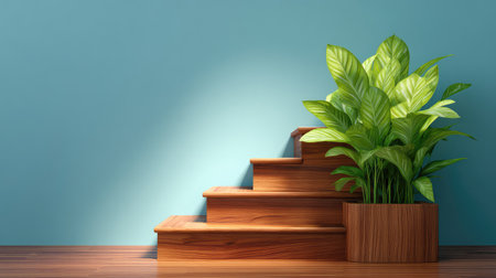 A beautiful wooden staircase complemented by a lush green plant, creating a harmonious and inviting atmosphere in a modern home setup, ideal for stylish interiors.の素材