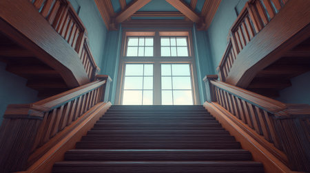 A stunning view of a wooden staircase with a striking window illuminating the area, capturing the essence of elegant architecture and inviting interior design.の素材