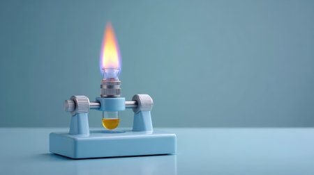 One test tube clamp resting on a lab bench beside a Bunsen burner, clean background with spaceの素材