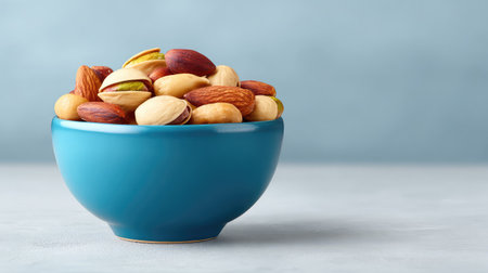 A vibrant bowl filled with assorted nuts including almonds, pistachios, and cashews, ideal for promoting healthy snacking and enhancing culinary creations in a stylish setting.の素材