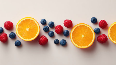A captivating display of sliced oranges, raspberries, and blueberries on a soft surface, perfect for promoting healthy eating, vibrant colors, and nutritious recipes.の素材