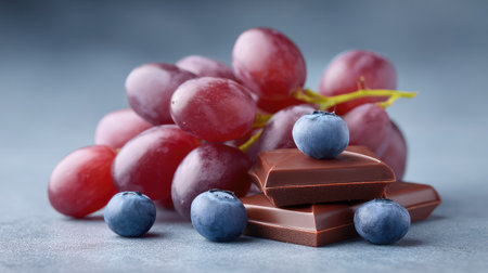 A visually appealing arrangement featuring fresh red grapes, plump blueberries, and rich dark chocolate squares, ideal for inspiring healthier dessert choices and food photography.の素材