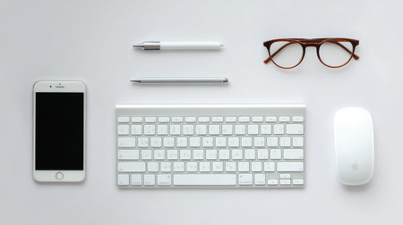 A clean and minimalist workspace featuring a keyboard, smartphone, glasses, pens, and a mouse, perfect for modern office setups or creative environments.の素材