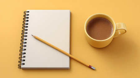 A blank spiral notebook with a pencil beside a yellow mug filled with coffee sits on a bright yellow background, perfect for inspiring creativity and organization in daily tasks.の素材