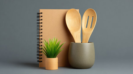 This visually appealing setup features wooden kitchen utensils, a small potted plant, and a blank notebook, ideal for enhancing creativity in cooking and home decor.の素材