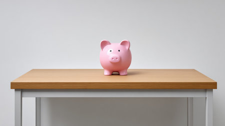 A charming pink piggy bank sitting on a wooden table with a clean and minimalist background, perfect for representing savings and finance in creative projects and presentations.の素材