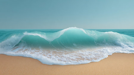 A serene image of a gentle teal wave breaking on a sandy beach, under a clear blue sky, perfect for evoking feelings of relaxation and escape in a coastal paradise.の素材
