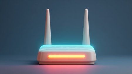 Modern wireless router with stylish design and bright indicator lights, showcasing connectivity and technology in a clean, minimalistic setting ideal for digital solutions.の素材